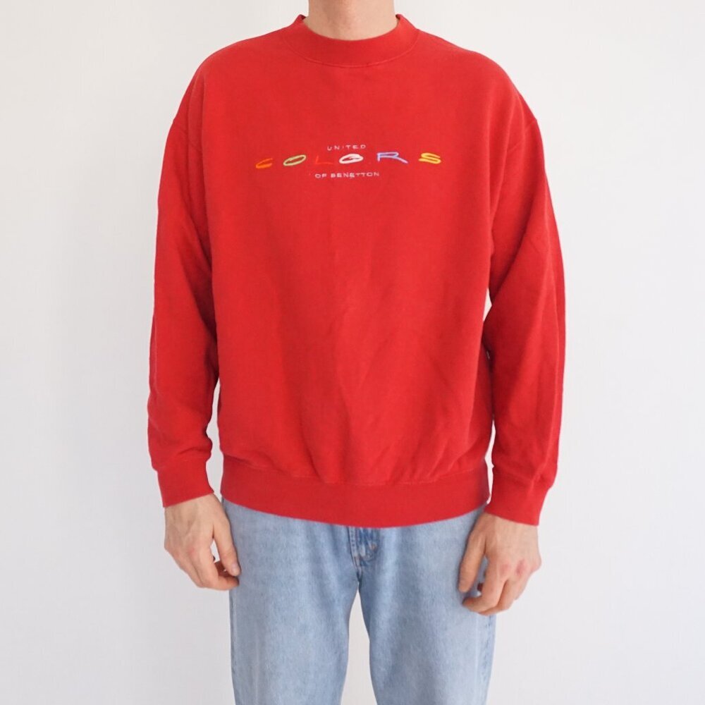 Vintage United Colors Of Benetton Red Logo Spellout Crewneck Cotton Sweatshirt M